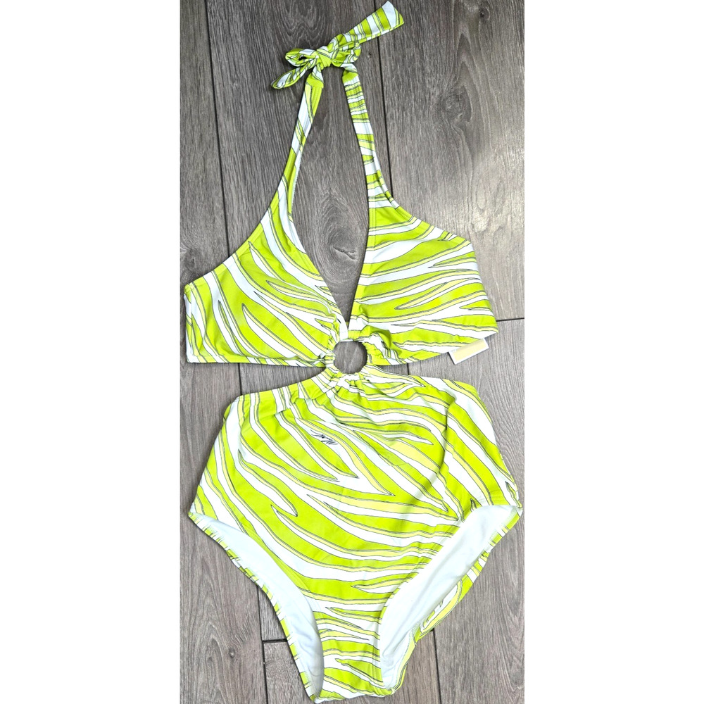 Michael‎ Kors Womens Halter One Piece Swimsuit 12 Green Zebra Print Cutout Beach